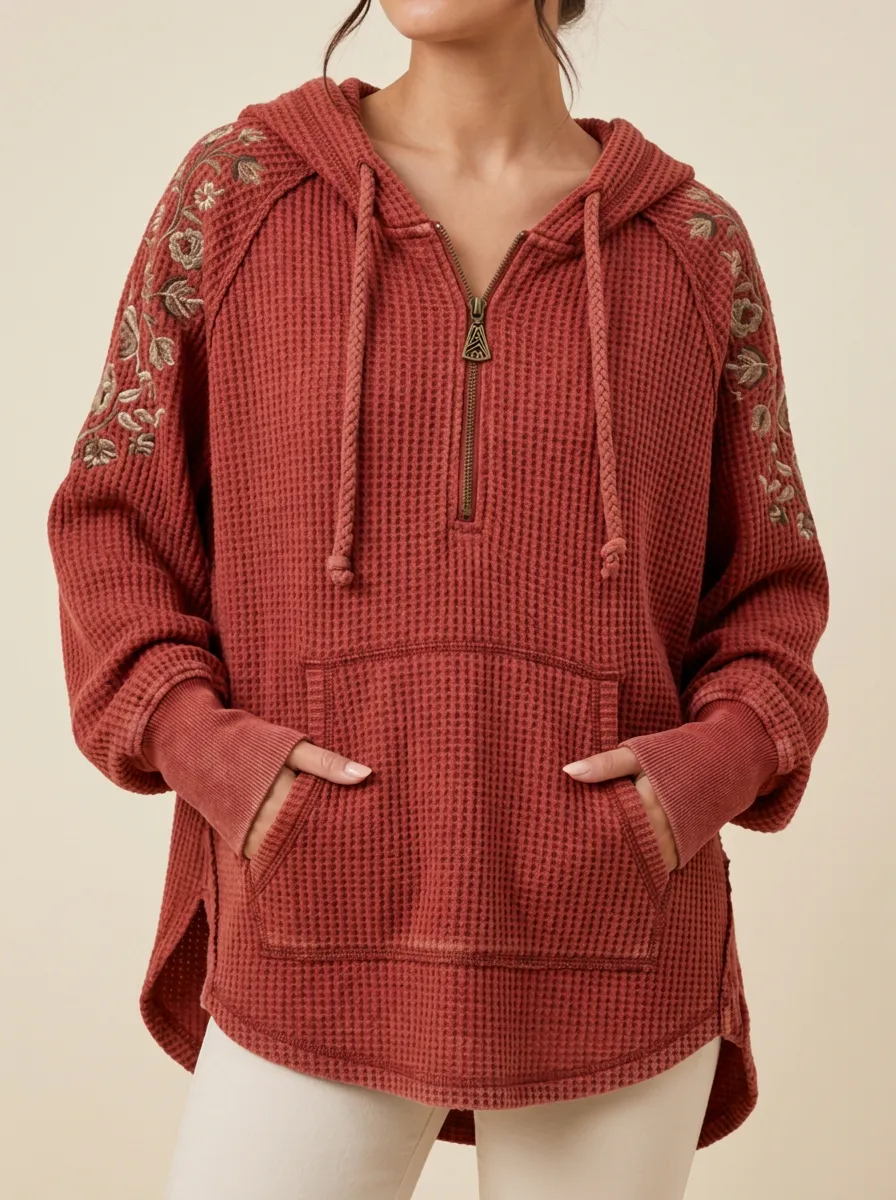 Women's Floral Embroidered Waffle Knit Quarter Zip Hoodie