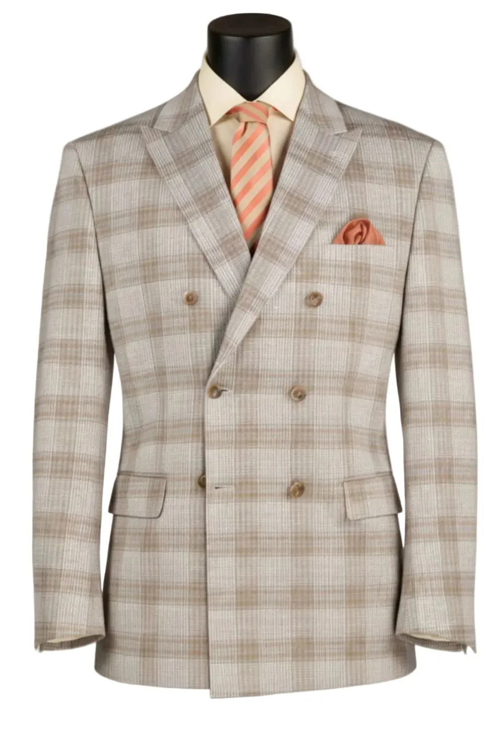 Tan Regular Fit Plaid Glen Windowpane Double Breasted Blazer