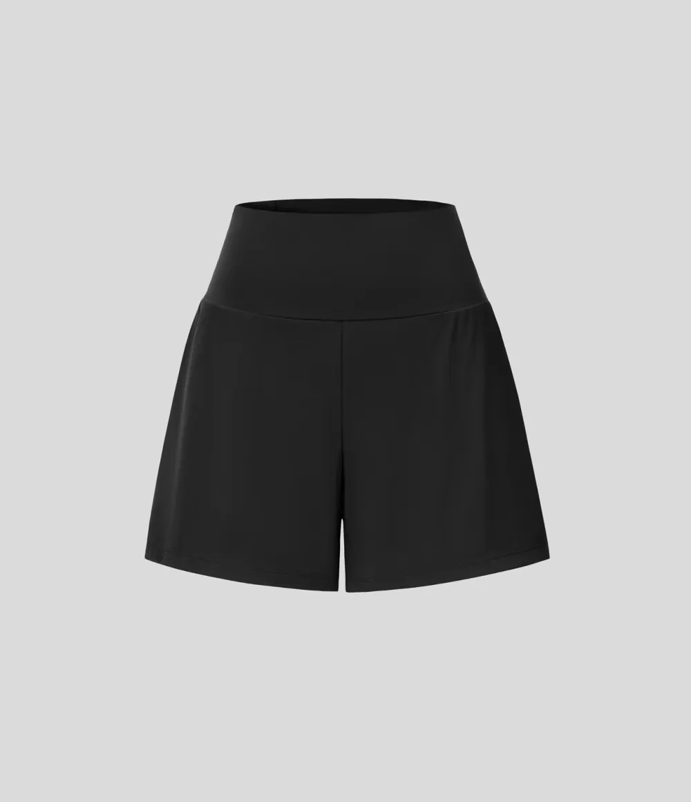 Super High Waisted Back Pocket & Side Hidden Pocket 2-in-1 Yoga Shorts 5''-Longer Length