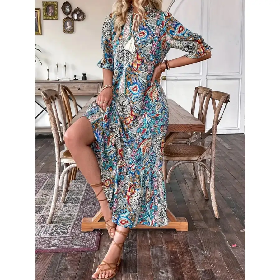 Tie Neck Flounce Sleeve Midi Dress