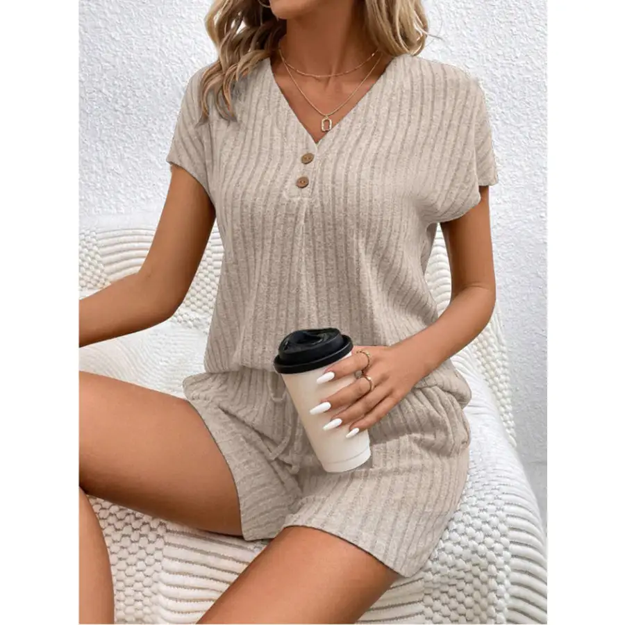 Ribbed V Neck Top and Shorts Set