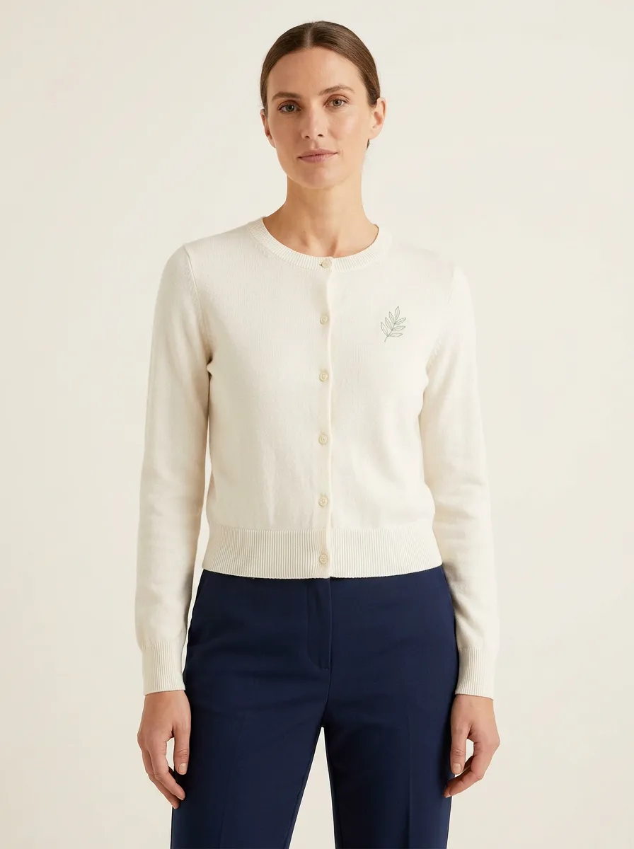 Women's Embroidered Crew Neck Cardigan