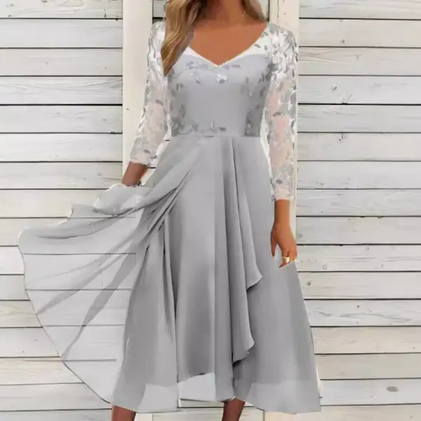 Women's Bodycon V-Neck Three-Quarter-Sleeve Chiffon Midi Dress