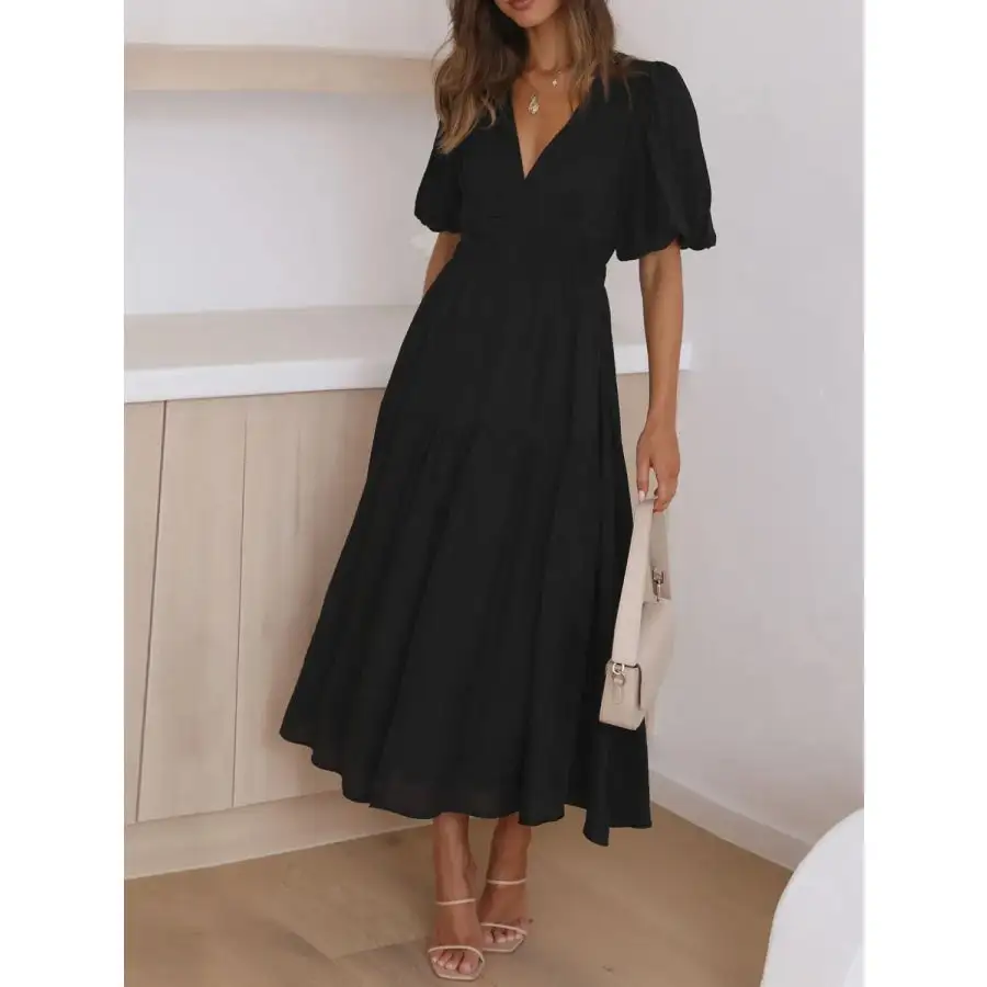 Neck V-Neck Puff Sleeve Midi Dress