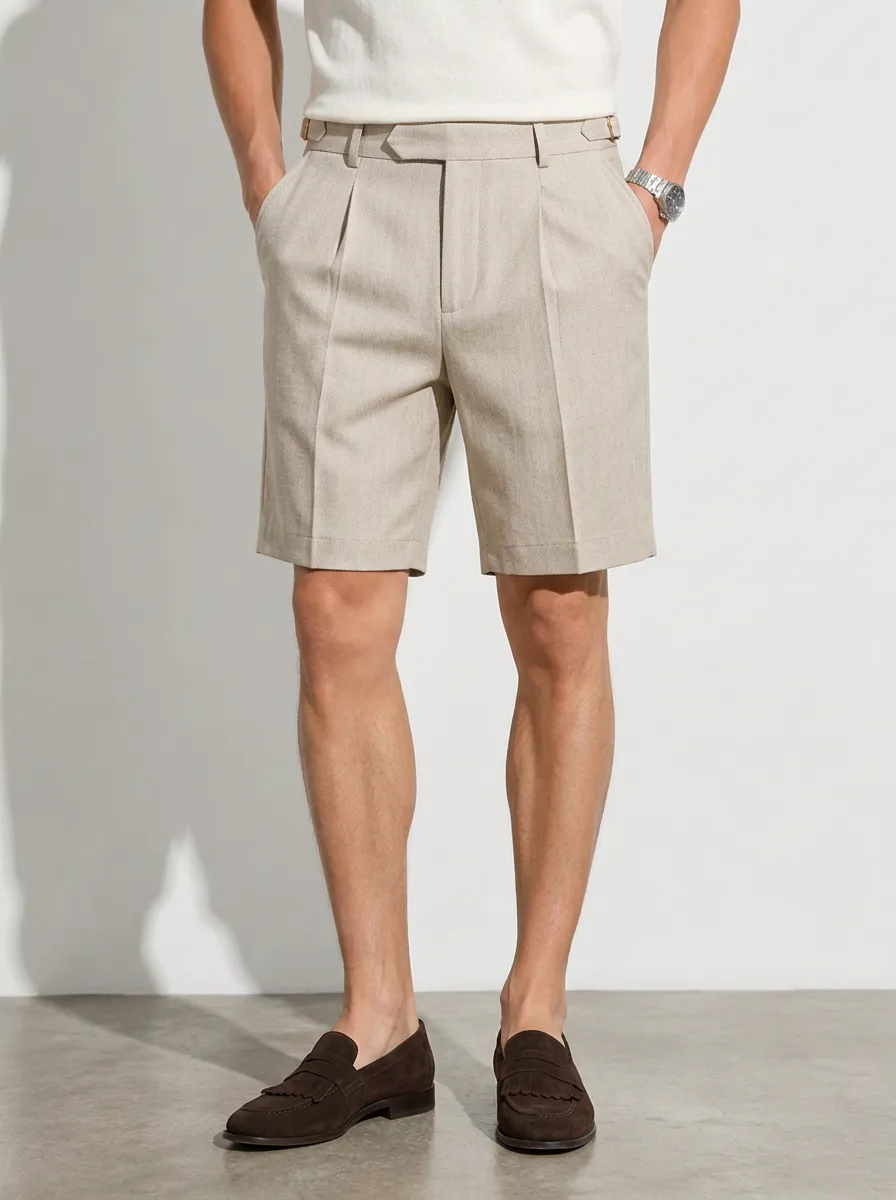 Men's Casual Beige Pleated Side-Adjuster Tailored Shorts