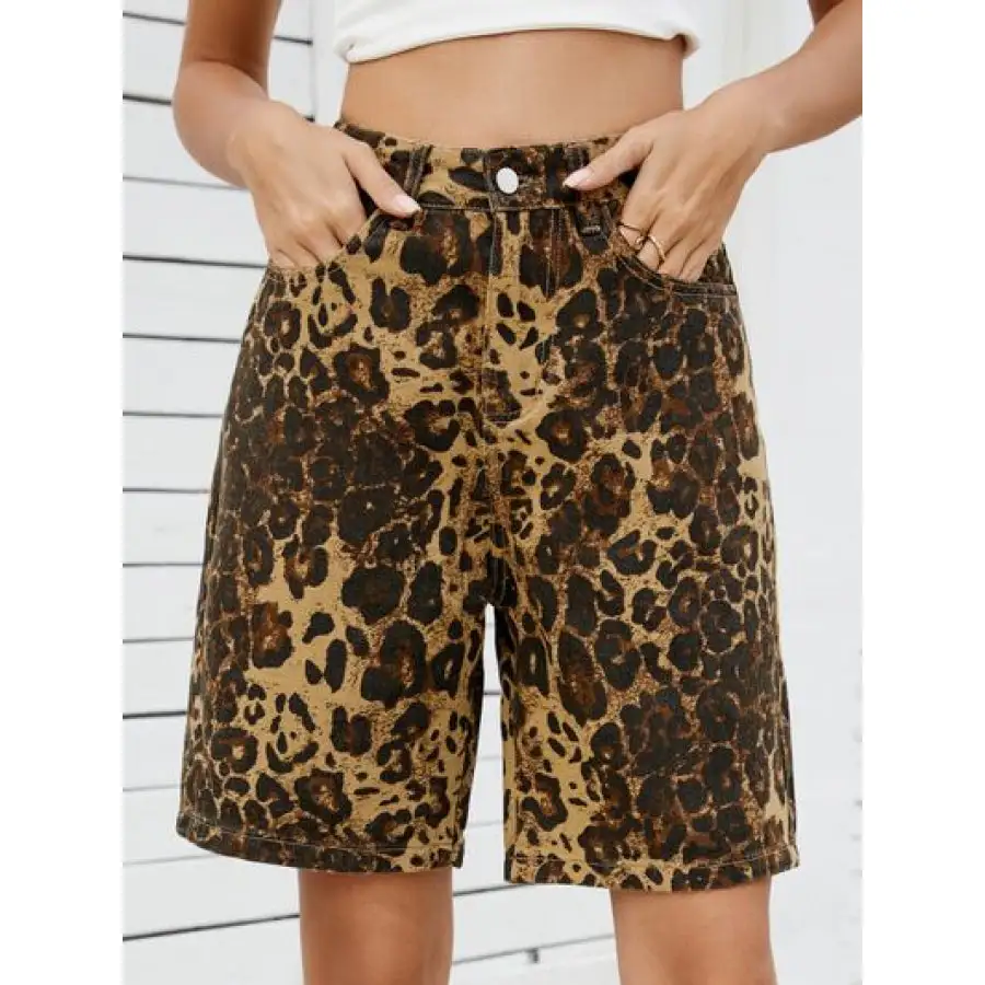 High Waist Pocketed Leopard Pattern Denim Shorts