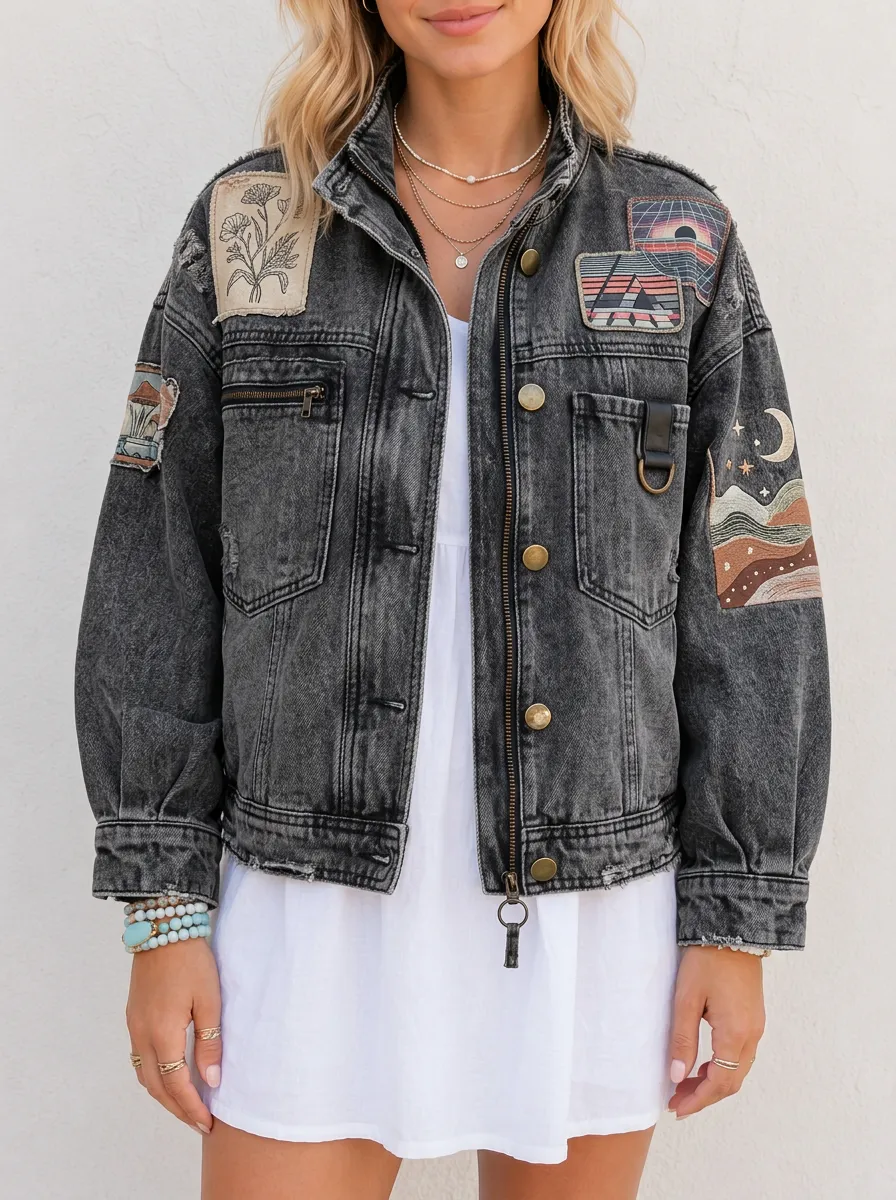 Women's Washed Celestial Patchwork Denim Jacket