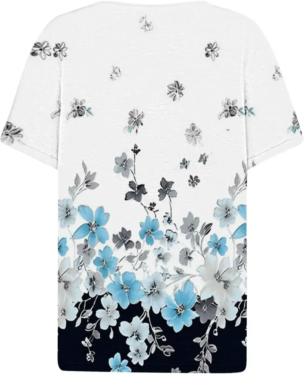 Shirts for Women Casual Printed Summer Tops Short-Sleeved Button V-Neck Tops Blouse Fashion Boho T-Shirts