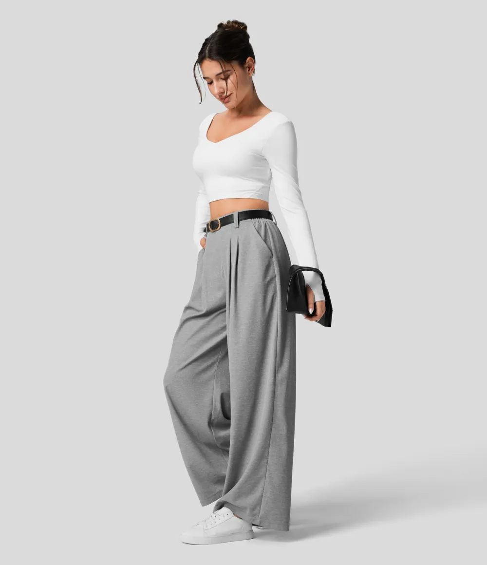  High Waisted Plicated Side Pocket Wide Leg Waffle Work Pants