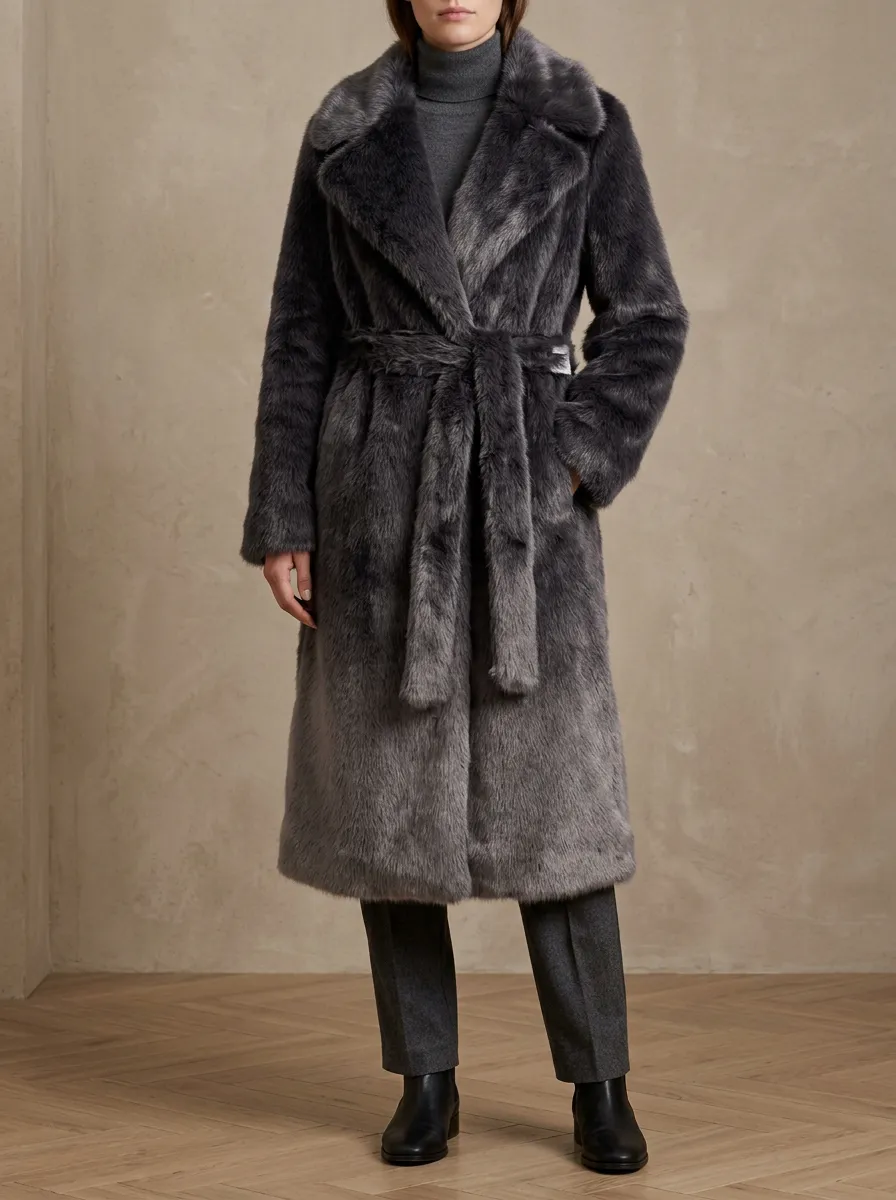 Front Pockets Faux Fur Belted Coat