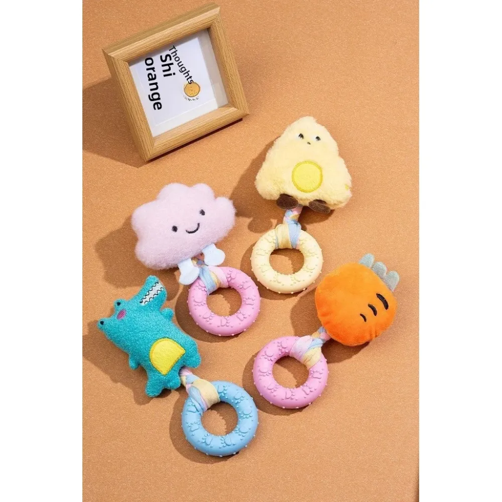 Squeaky Dog Teething Ring Toy Durable Rubber Chew Ring Plush Cartoon Puppy Molar Toy Interactive Bite Toy for Small Dogs Teddy Bichon