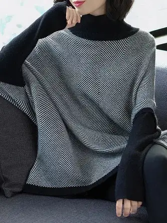 Ribbed Chevron Knit Poncho