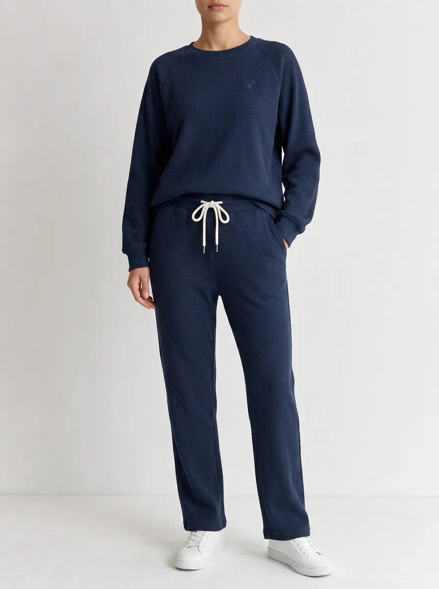 Women's Casual Minimalist Navy Waffle Knit Long Sleeve Top