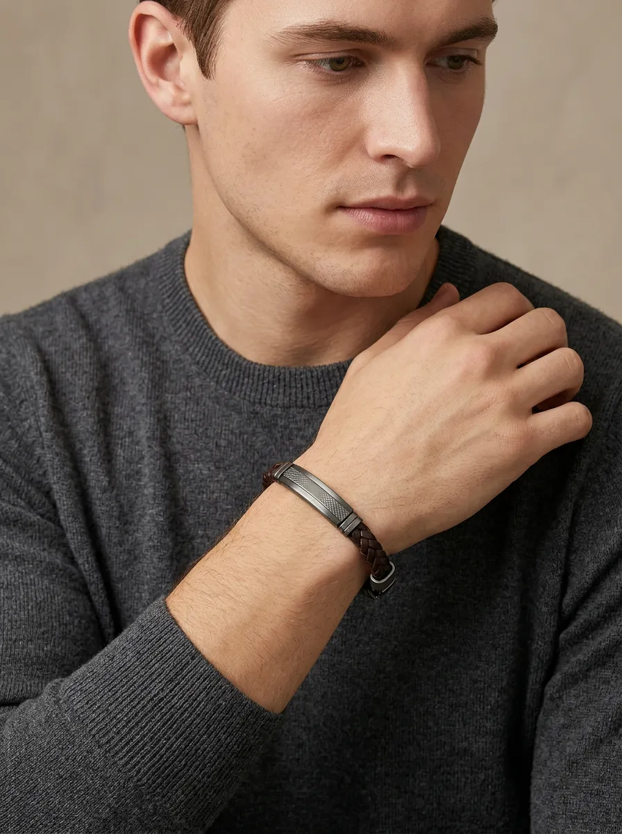 Men's Casual Braided Leather Metal Plate Bracelet