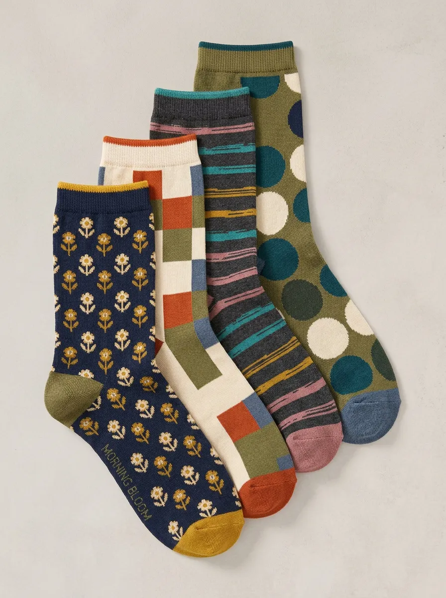 Floral Striped Four-Pair Casual Socks