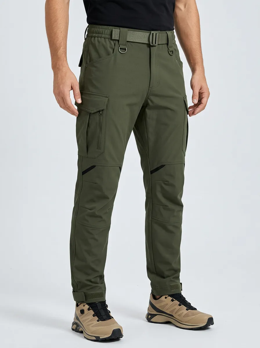 Men's Tactical Integrated-Belt Adjustable-Belt Webbing-Belt Elastic-Waist D-Ring Zip-Compartment Cargo Pants