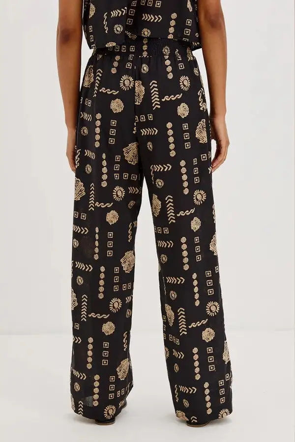 Bohemian Print Black Wide Leg Pants