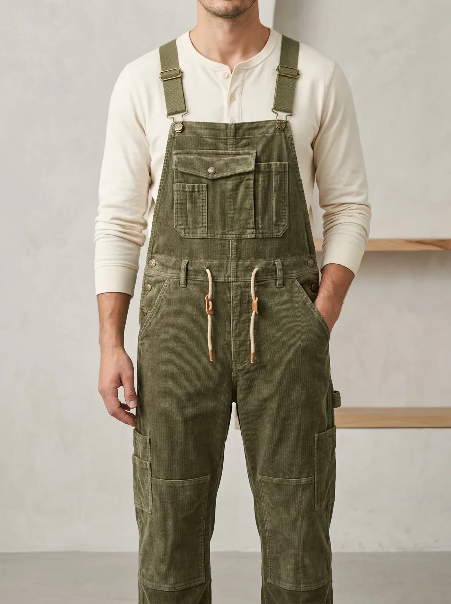 Men's Casual Olive Green Corduroy Cargo Overalls