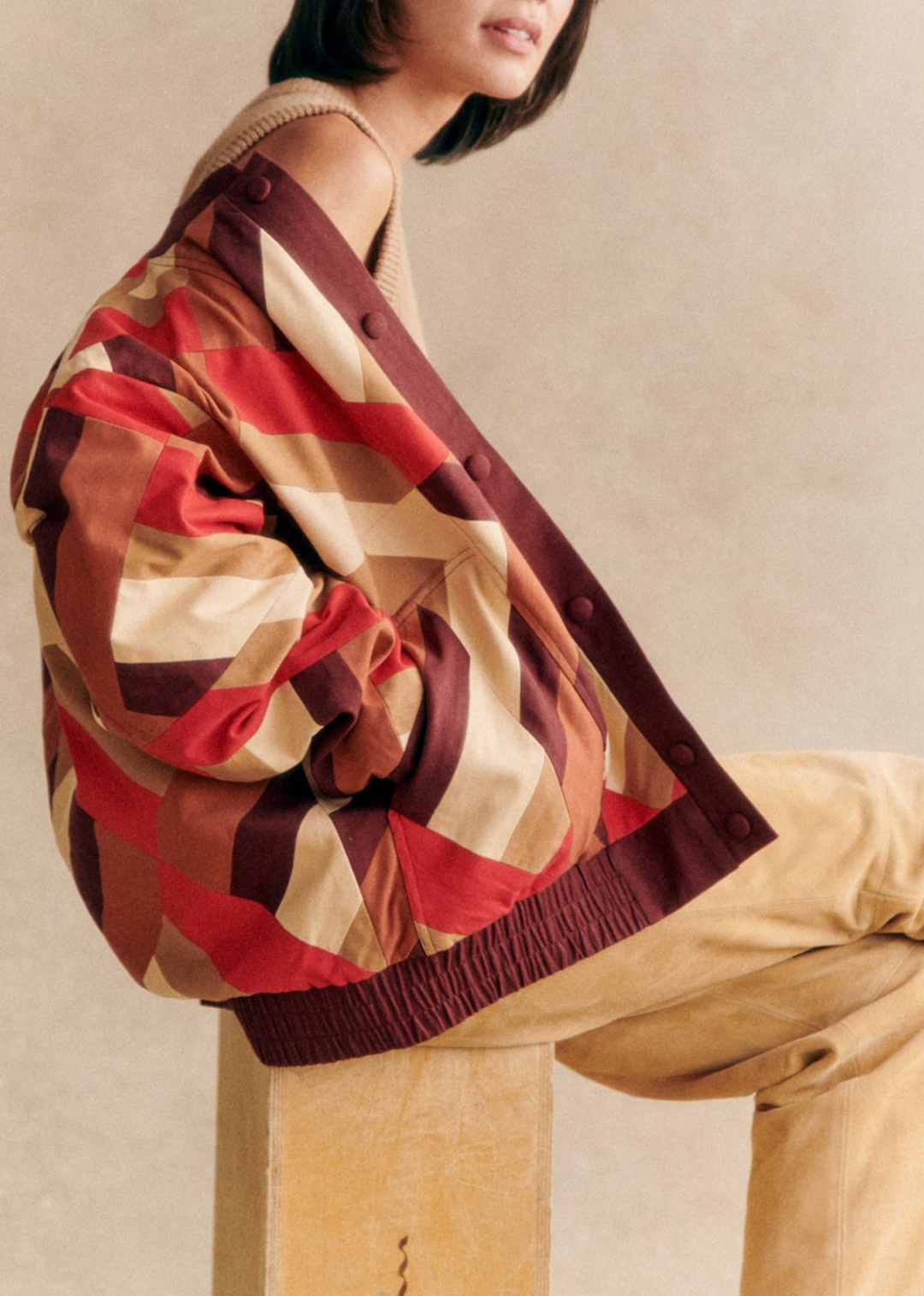 Patchwork Red Brown Long Sleeve BomberJacket