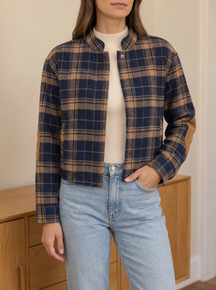 Women's Ribbed Bomber Plaid Stand Collar Cropped Jacket