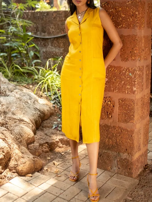 Mustard Linen Notch-Collar Dress