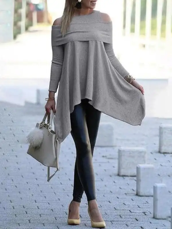 Minimal Asymmetric Relaxed Cutout Cold Shoulder T-Shirt