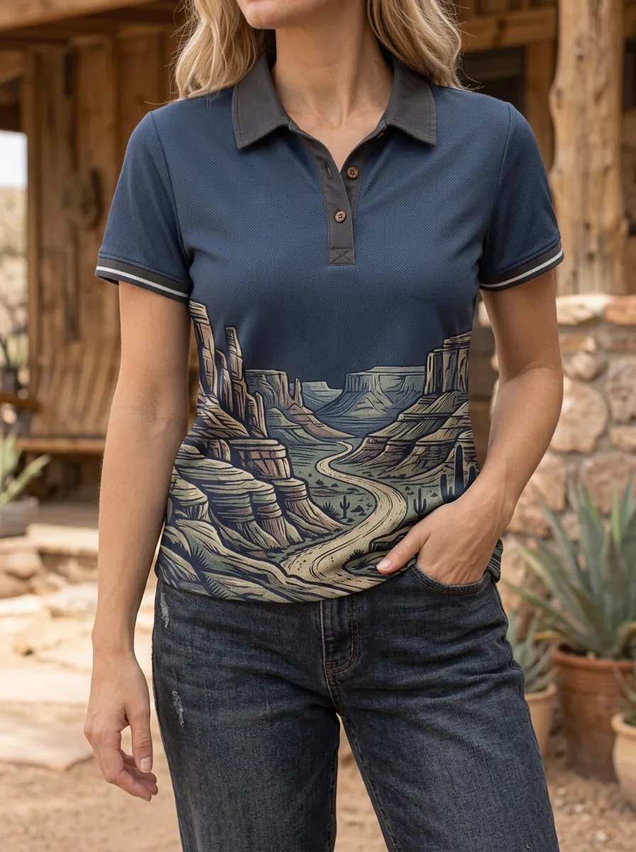 Women's Casual Desert Landscape Cactus Polo Shirt