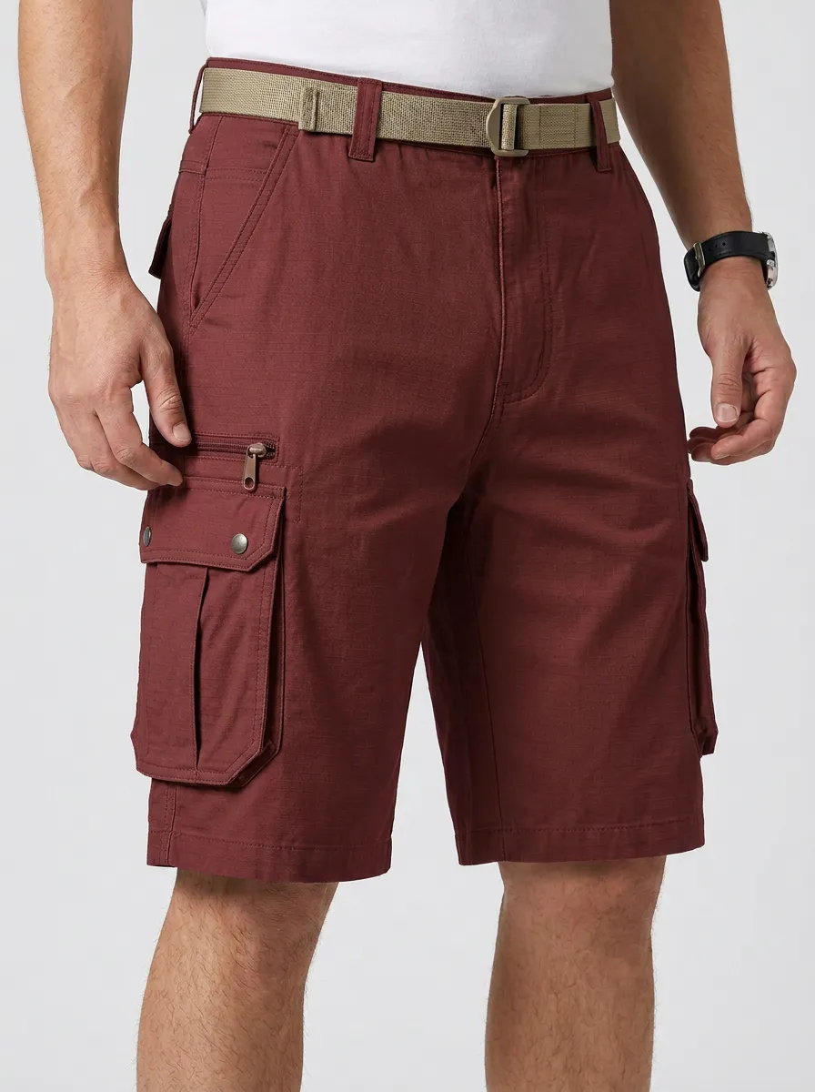 Men's Integrated Web Belt Snap Cargo Pockets Cargo Shorts