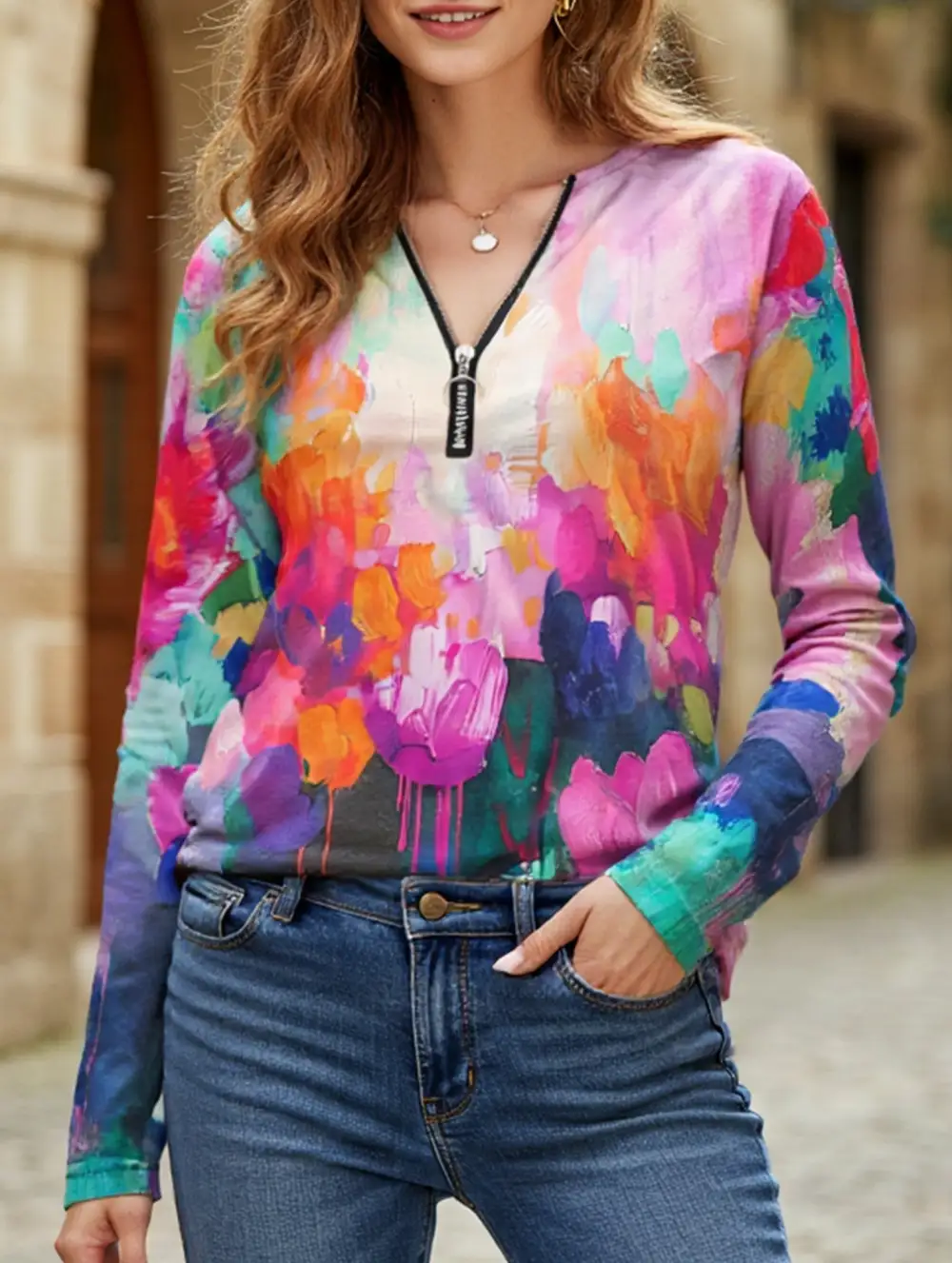 Geometric V-Neck Zip-Up Regular Top