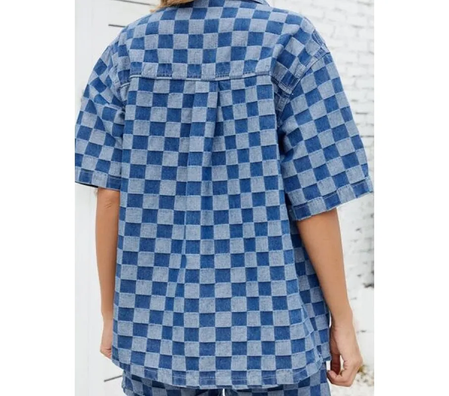 Button-Down Checkered Denim Shirt