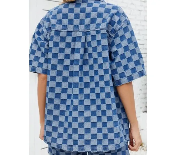 Button-Down Checkered Denim Shirt