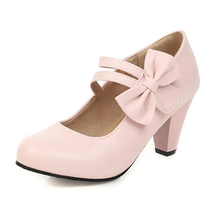 Bow Accent Round Toe Chunky Heel Pumps