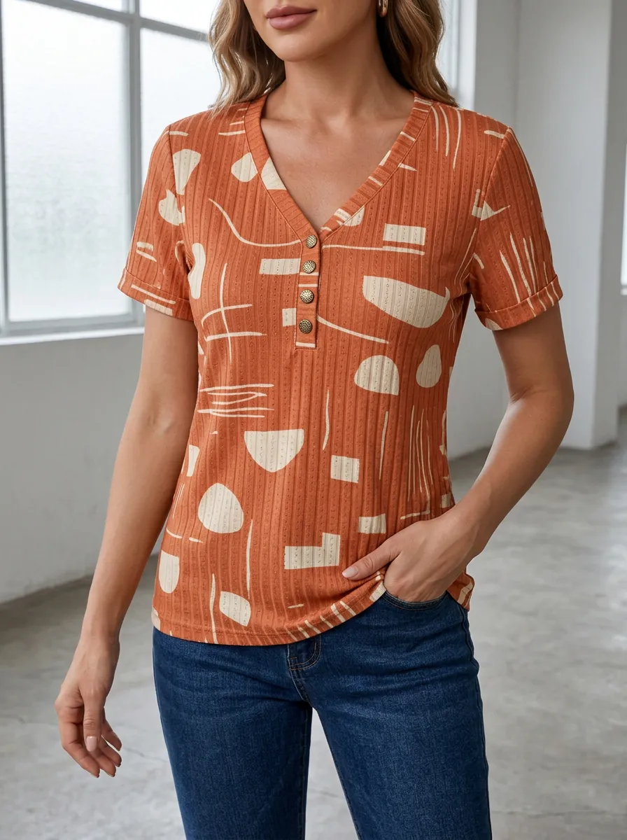 Women's Abstract Geometric Print Ribbed Button Top Button V-Neck T-Shirt