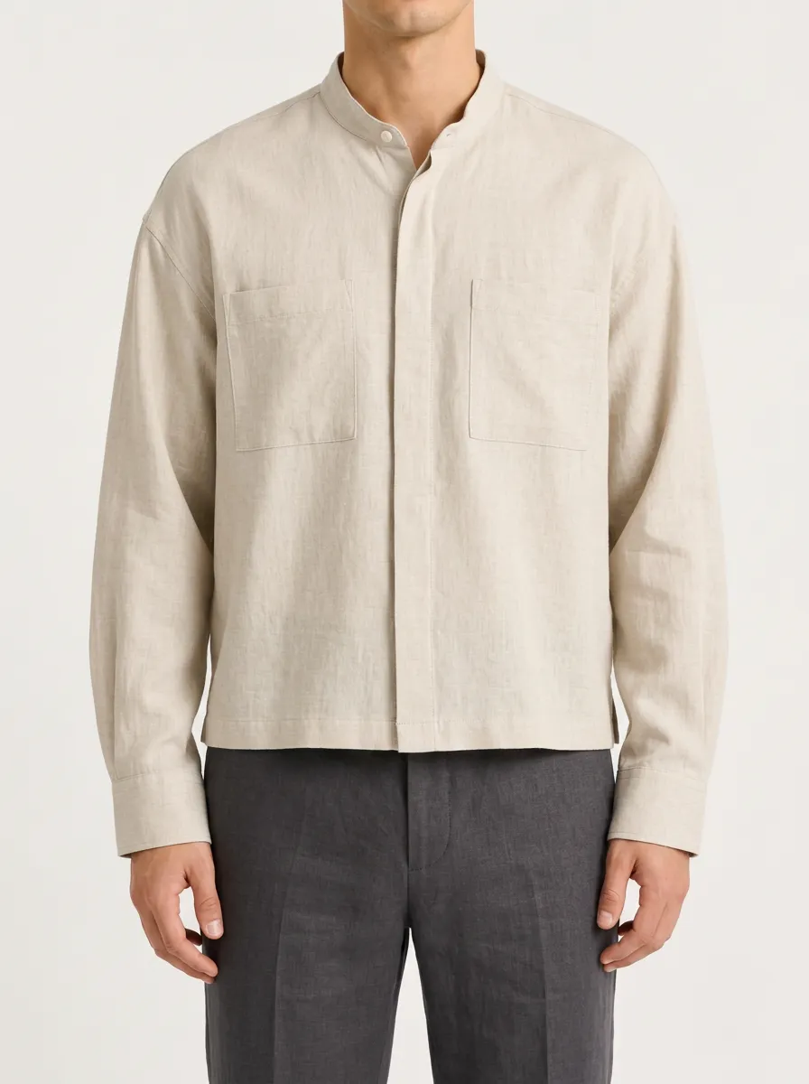 Unisex Mandarin Collar Shirt in Beige with Plain