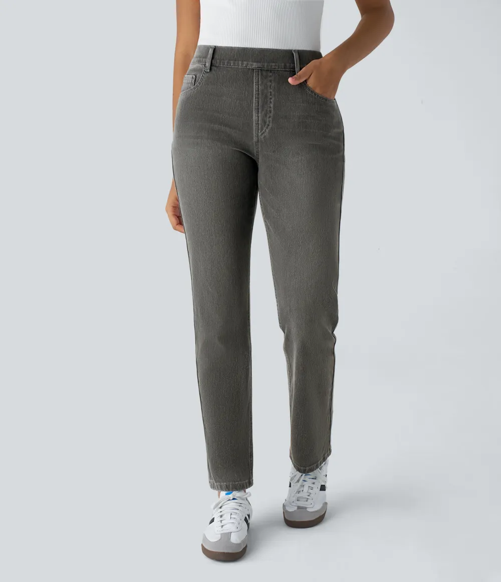 Magic High Waisted Multiple Pockets Straight Leg Washed Stretchy Knit Casual Jeans