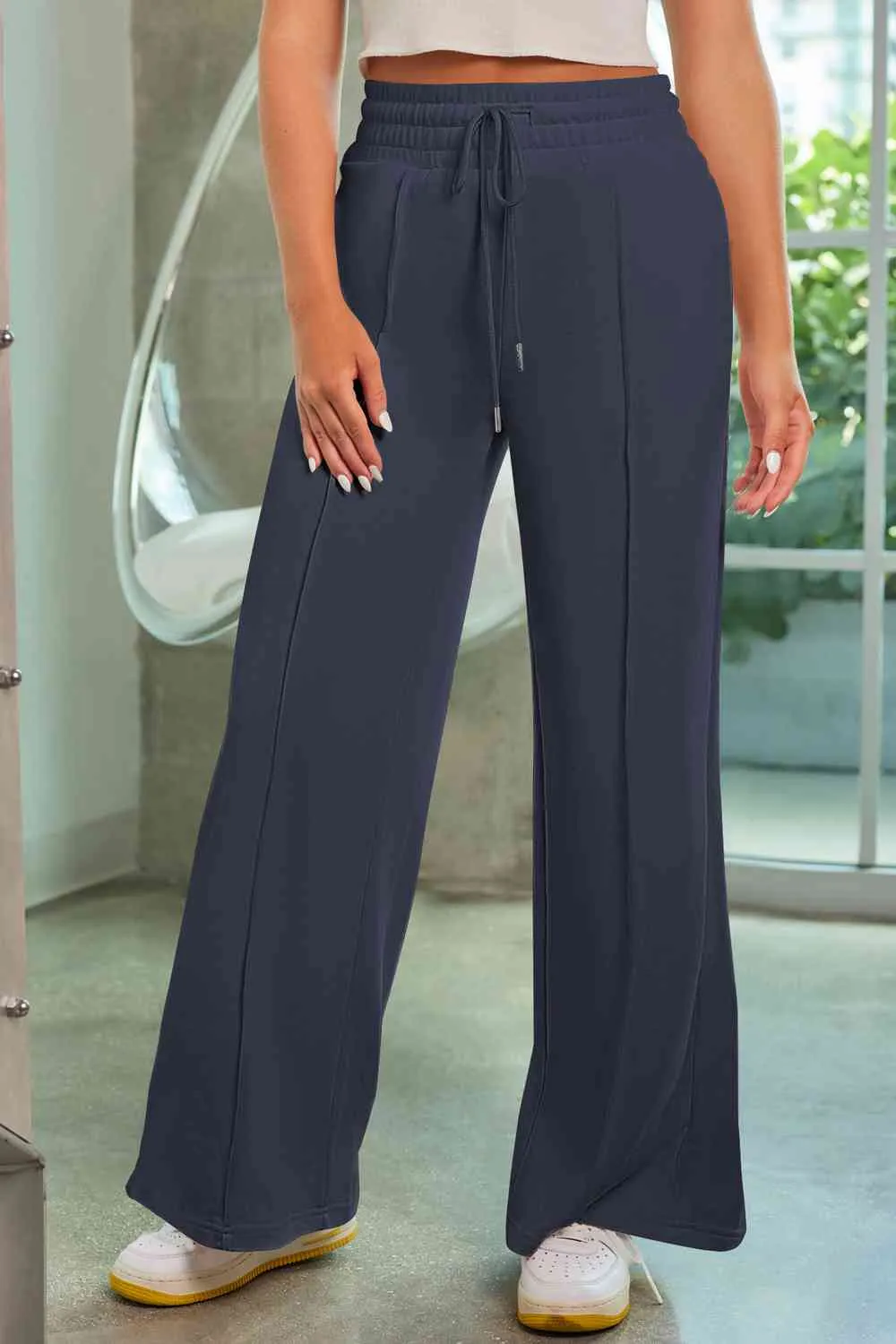 Polished Drawstring Wide Leg Pants With Pocket