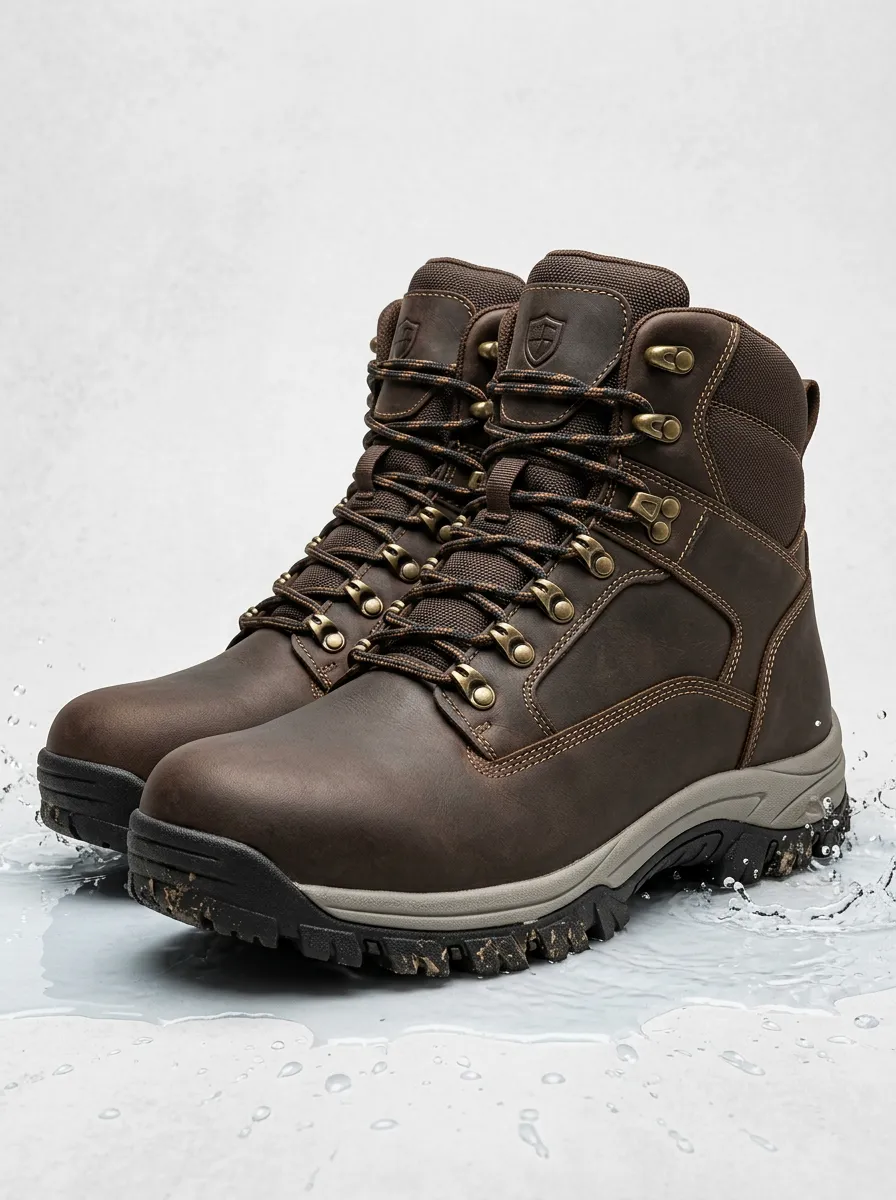 Unisex Waterproof Brown Leather Shield Logo Printed Work Boots