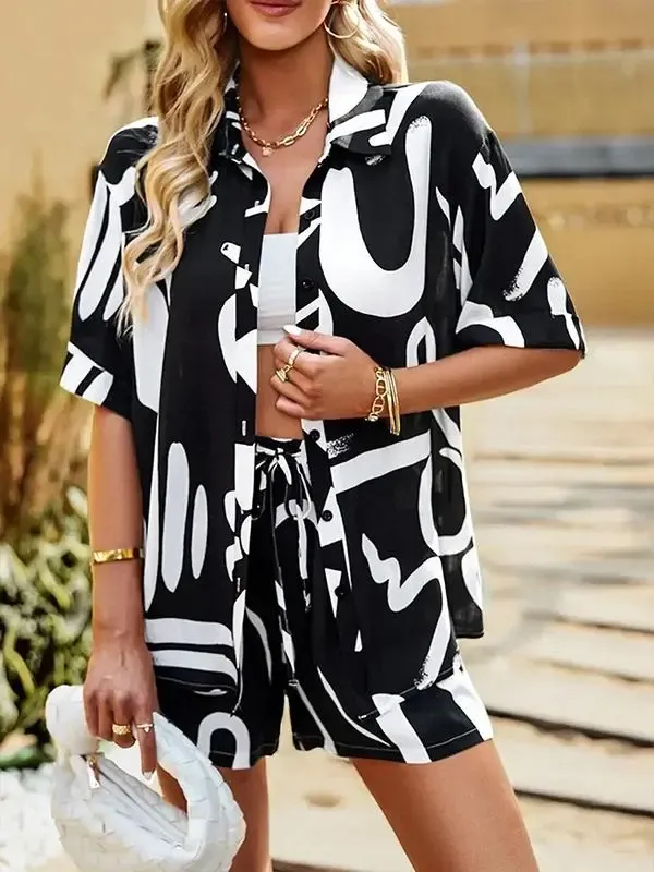 Fashion Print Suit Women's Loose Casual Shirt Shorts Two-piece Set