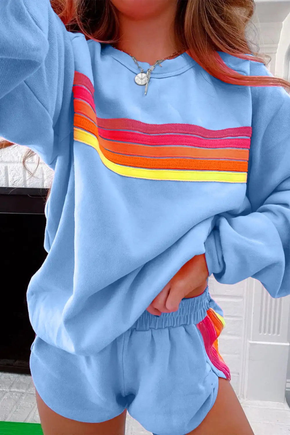 Striped Pullover Relaxed Shorts Lounge Set