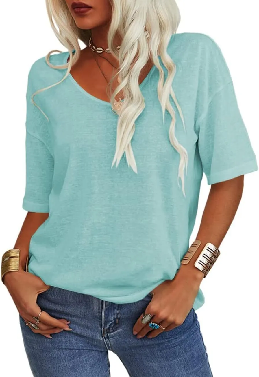 Women's Summer Casual Half Sleeve V-Neck T-Shirt Basic Top