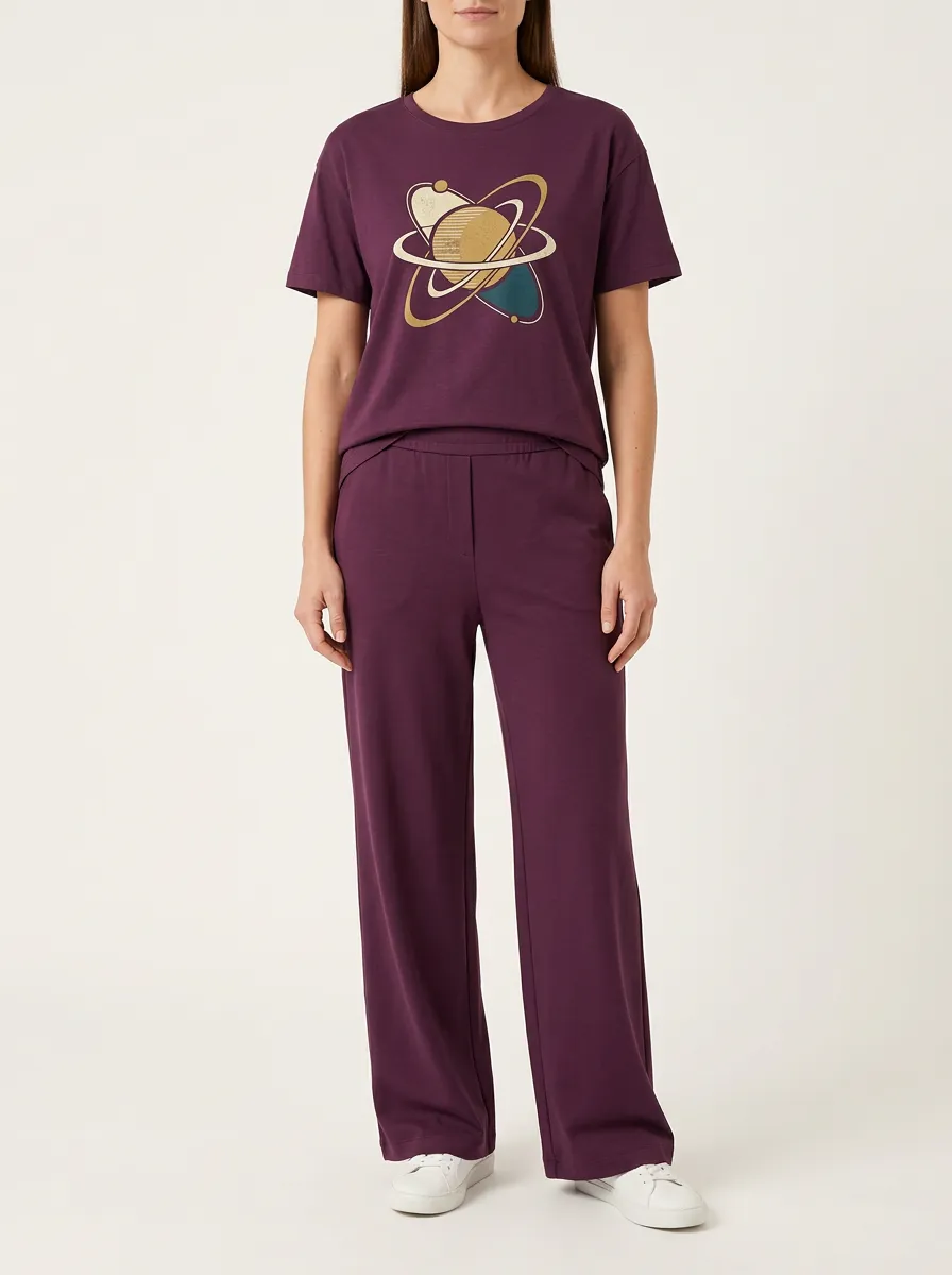 Women's Celestial Planet Graphic Crewneck T-Shirt and Wide-Leg Pants Set