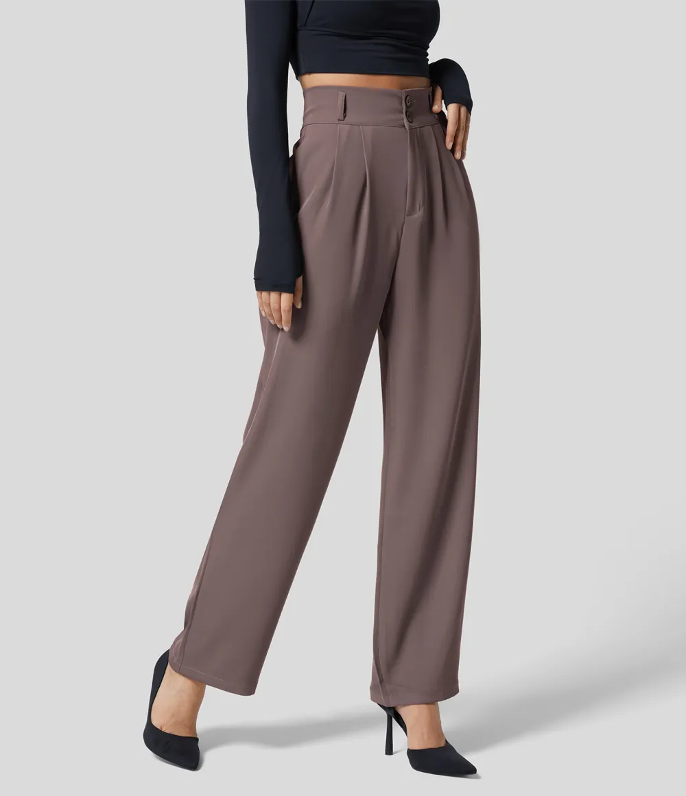 High Waisted Button Zipper Plicated Side Pocket Shirred Straight Leg Work Pants