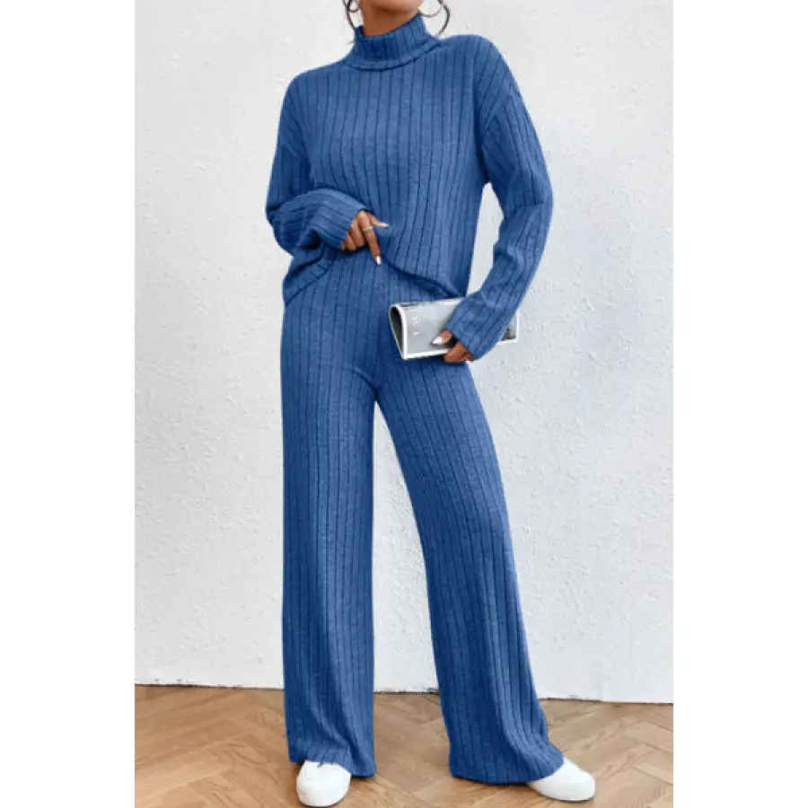 Mock Neck Dropped Shoulder Top and Pants Set
