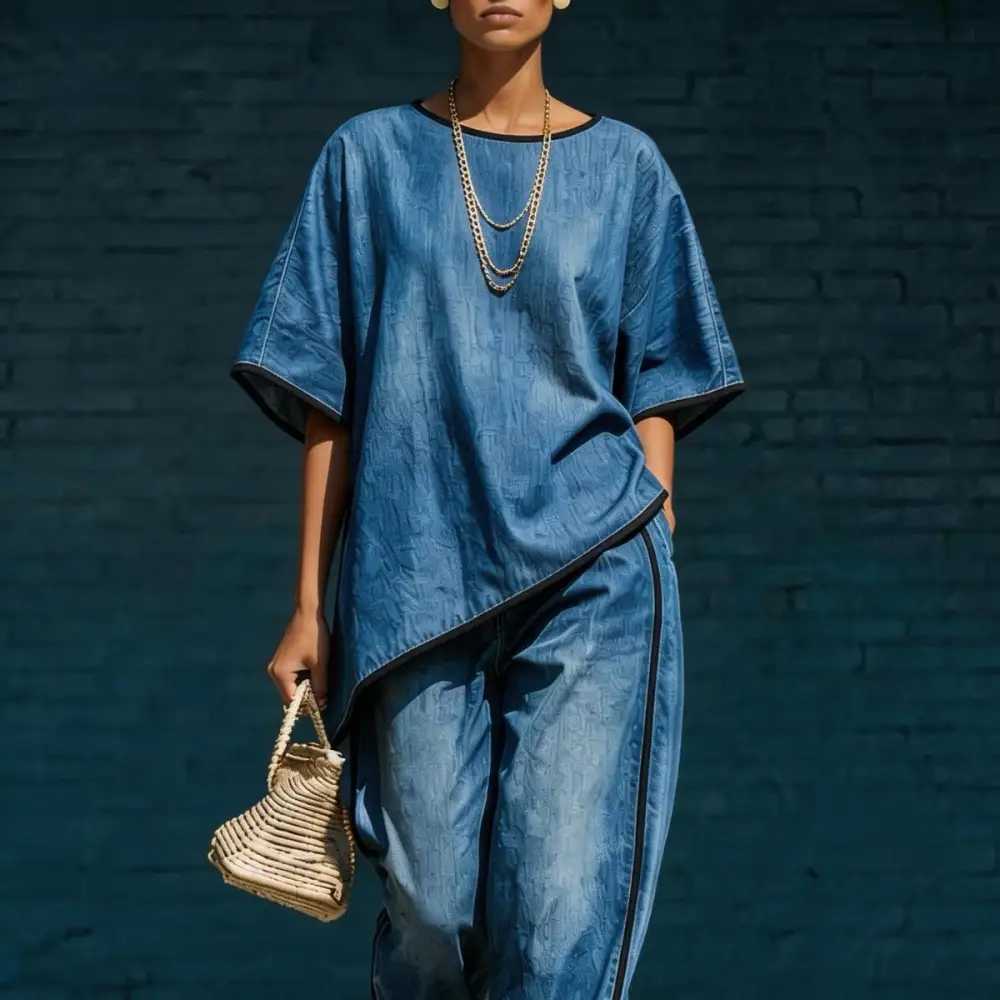 Wide-Leg Denim Knit Women's Matching Set