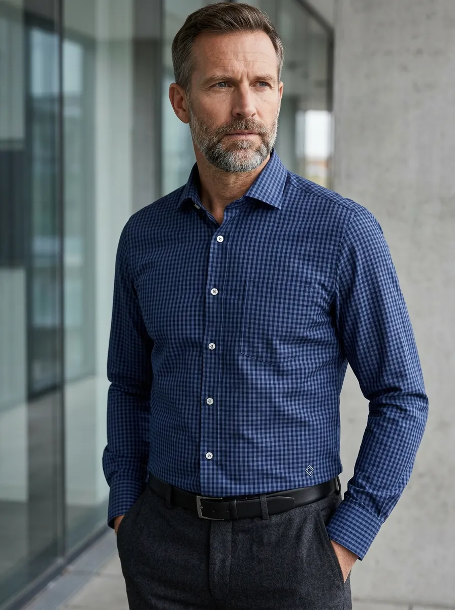 Men's Non-Iron Cotton Blue Gingham Check Printed Shirt