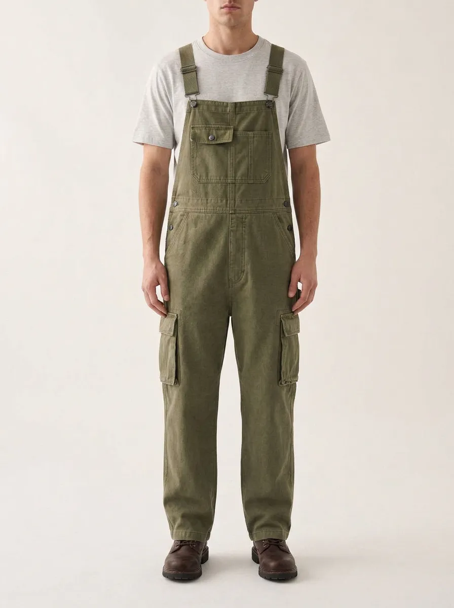 Men's Casual Utility Olive Green Cargo Overalls