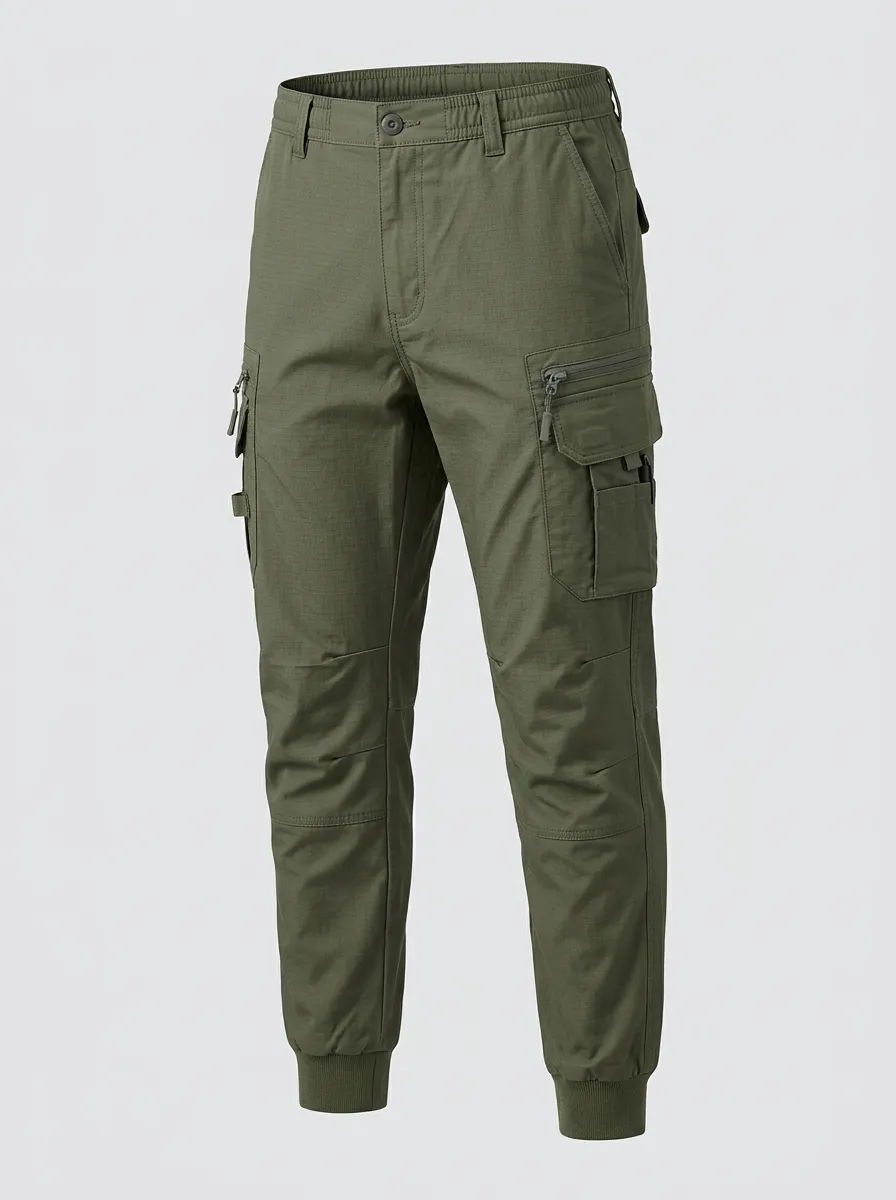 Men's Grid-Texture Articulated-Knee Ribbed-Cuff Cargo Joggers