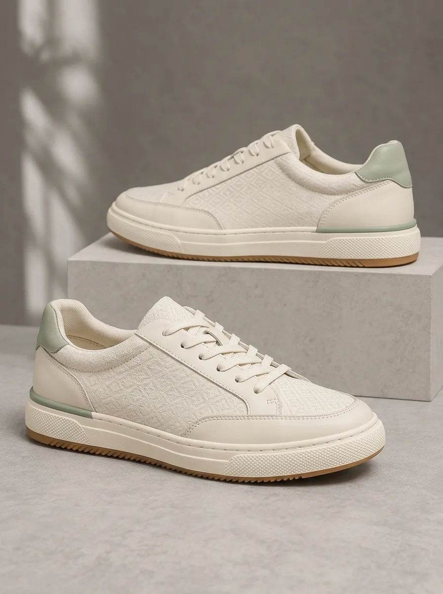 Men's Geometric Pattern Sage Green Accent Printed Sneakers