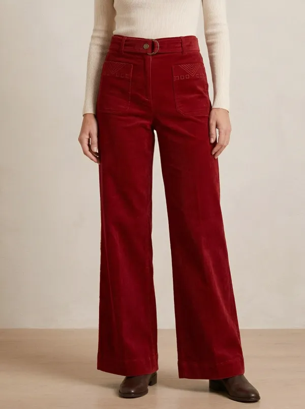 Women's Vintage Style Geometric Embroidered Brown Corduroy Pants