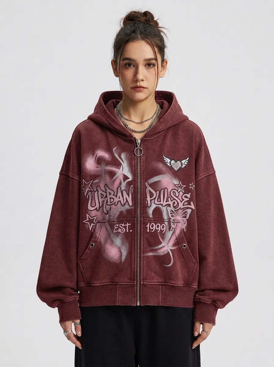Women's Streetwear Urban Pulse Heart Butterfly Printed Zip-up Hoodie